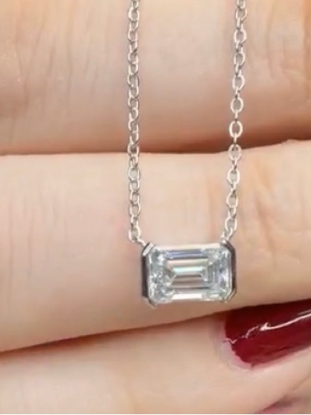 New 1ct Emerald Cut Moissanite Bezel Necklace Silver 18" Triple Excellent GRA